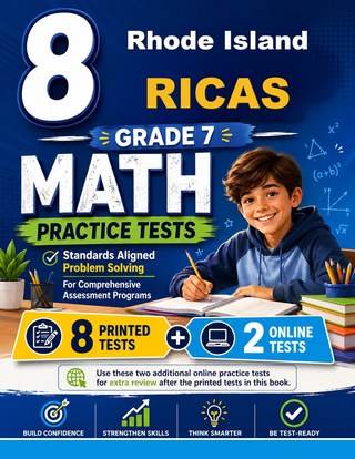 The Rhode Island RICAS Grade 7 Math Practice Tests Bundle workbook image for standards-aligned Rhode Island RICAS Grade 7 Math practice