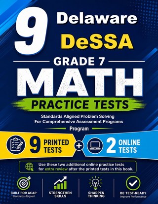 The Delaware DeSSA Grade 7 Math Practice Tests Bundle workbook image for standards-aligned Delaware DeSSA Grade 7 Math practice
