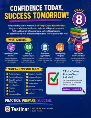 9 Maryland MCAP Grade 8 Math Practice Tests workbook back cover showing Maryland MCAP Grade 8 Math skills and answer support