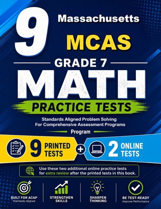 The Massachusetts MCAS Grade 7 Math Practice Tests Bundle workbook image for standards-aligned Massachusetts MCAS Grade 7 Math practice