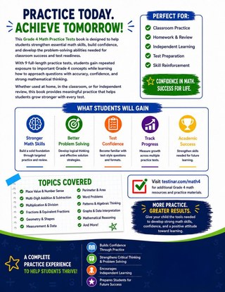 9 Washington Smarter Balanced Grade 4 Math Practice Tests workbook back cover showing Washington Smarter Balanced Grade 4 Math skills and answer support