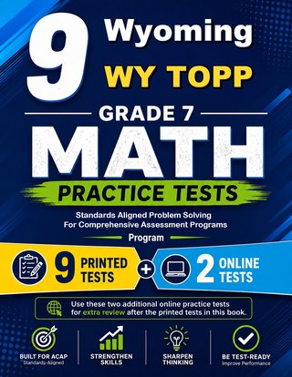 The Wyoming WY TOPP Grade 7 Math Practice Tests Bundle workbook image for standards-aligned Wyoming WY TOPP Grade 7 Math practice