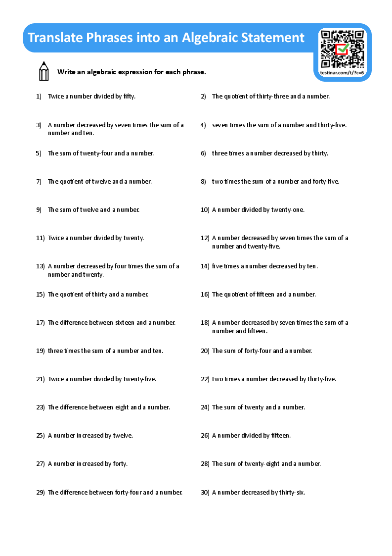 Translate Phrases into an Algebraic Statement