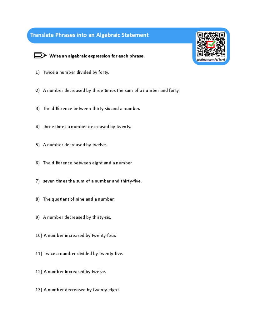 Translate Phrases into an Algebraic Statement