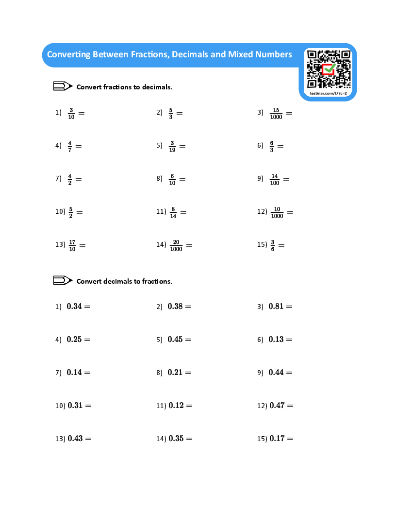 Converting Between Fractions, Decimals and Mixed Numbers